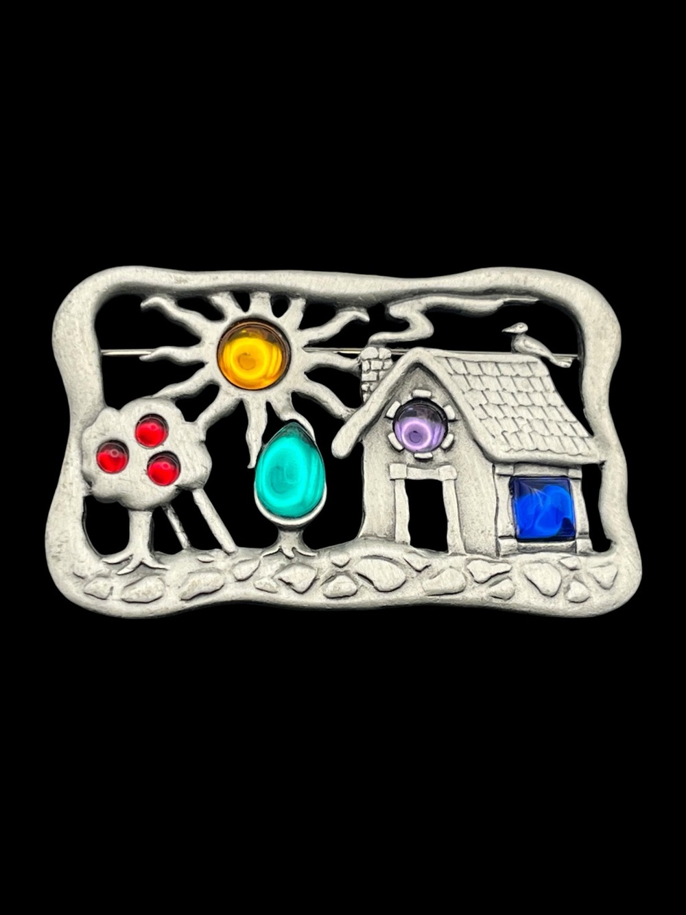 JJ Jonette silver tone multi colored cabochon house sun tree yard brooch pin